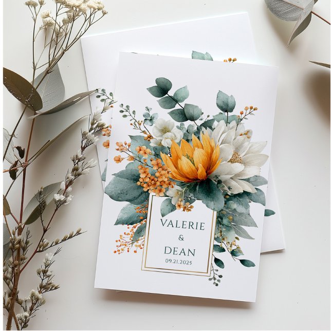 Invitación Orange White Floral Eucalyptus Gold Frame (Subido por el creador)
