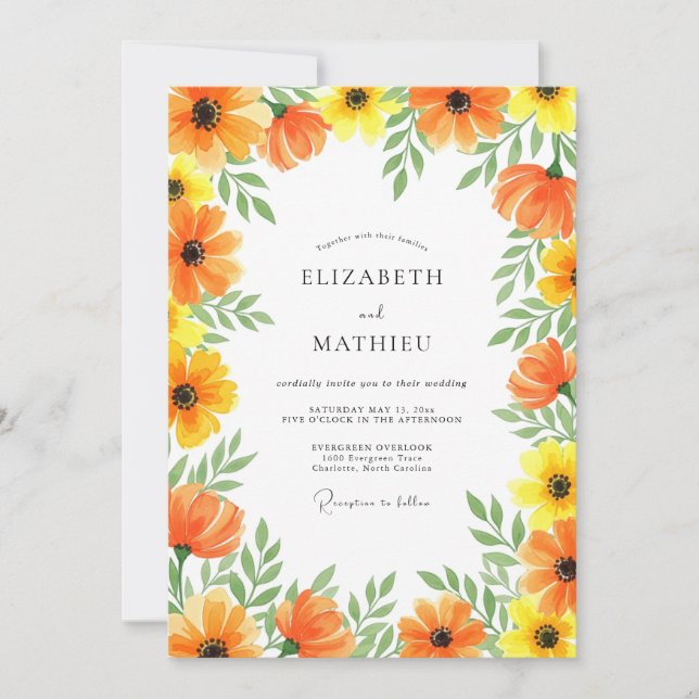 Invitación Orange Yellow Floral Whimsy Wedding (Anverso)