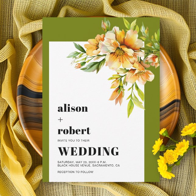 Invitación Orange, yellow rhododendron olive green wedding (Subido por el creador)