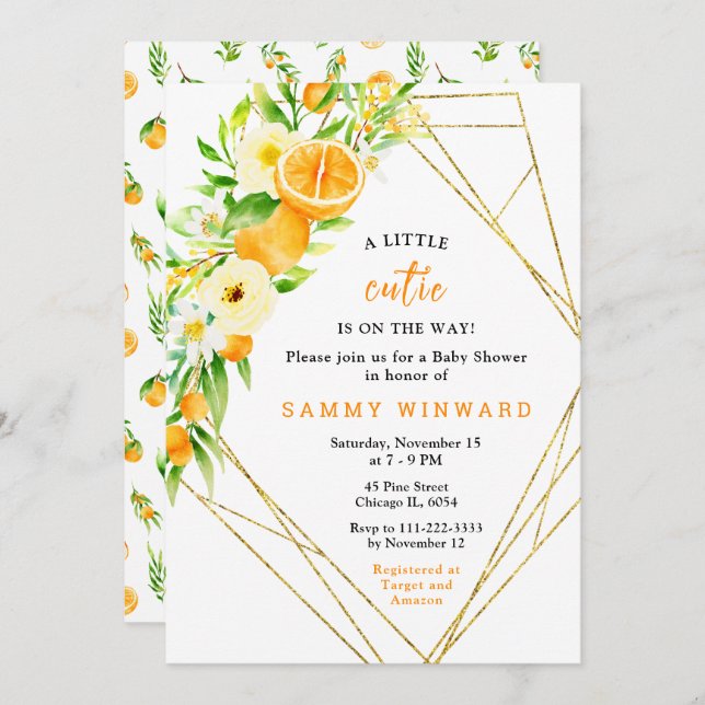 Invitación Oranges and Flowers Baby Shower (Anverso / Reverso)