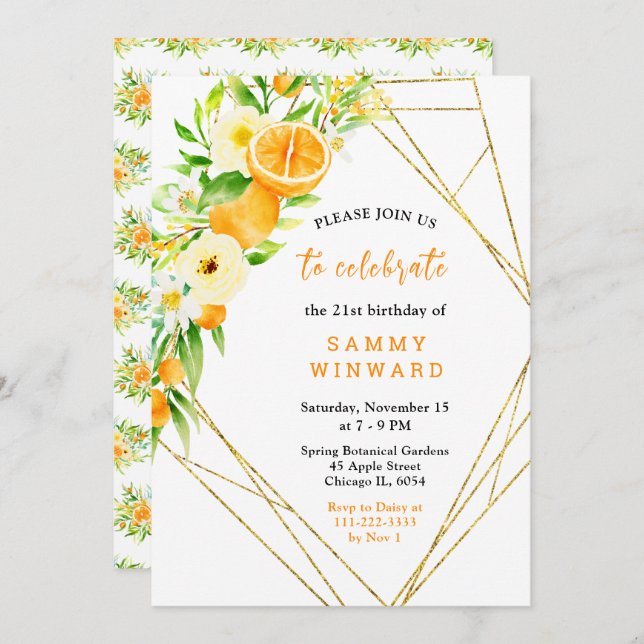 Invitación Oranges and Flowers Birthday (Anverso / Reverso)
