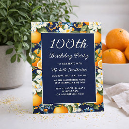 Invitación Oranges White Flowers Navy Blue 100th Birthday