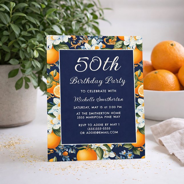 Invitación Oranges White Flowers Navy Blue 50th Birthday (Oranges on navy blue 50th birthday invitation)