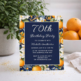 Invitación Oranges White Flowers Navy Blue 70th Birthday