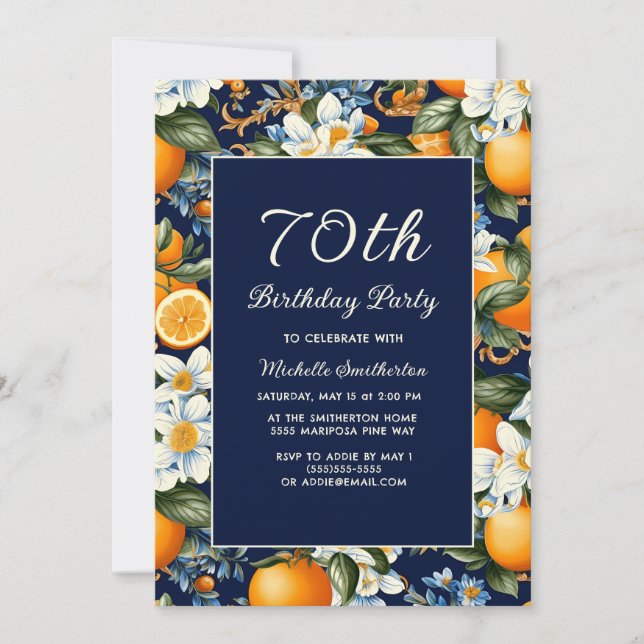 Invitación Oranges White Flowers Navy Blue 70th Birthday (Anverso)