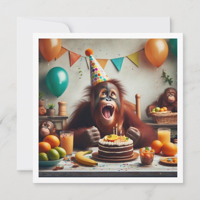 Invitación Orangutang celebrando su cumpleaños, simios fiesta (Anverso)