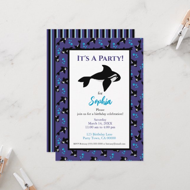 Invitación Orca Ballena Púrpura y Patrón Azul Cumpleaños (Anverso/Reverso In Situ)