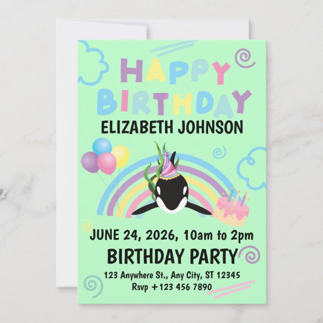 Invitación Orca Birthday Invitation in Green (Anverso)