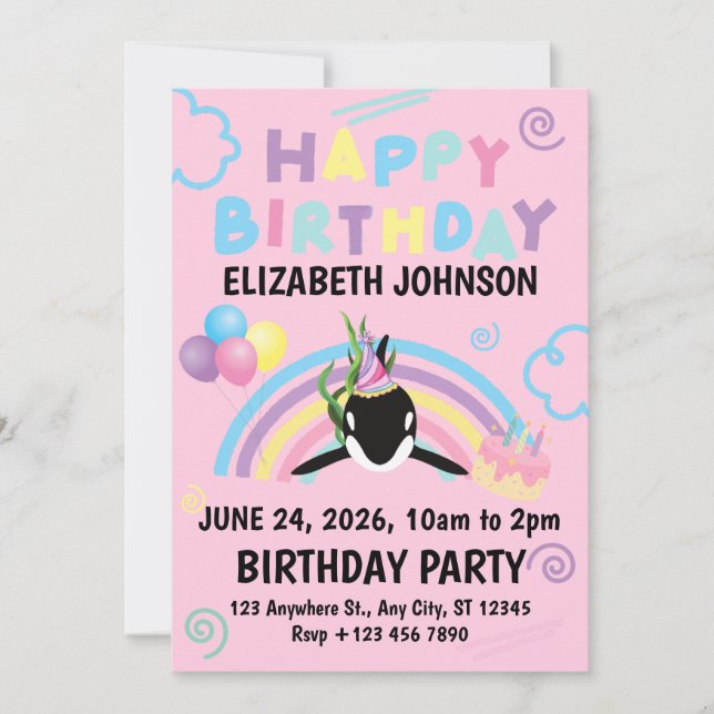 Invitación Orca Birthday Invitation in Pink (Anverso)