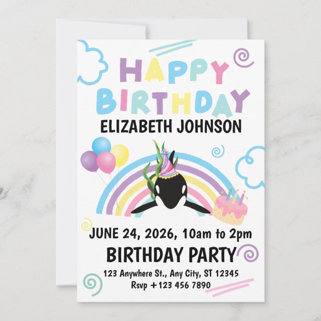 Invitación Orca Birthday Party Invitation in White (Anverso)