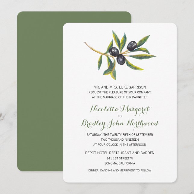 Invitación Orchard Olive de acuarela | Boda (Anverso / Reverso)