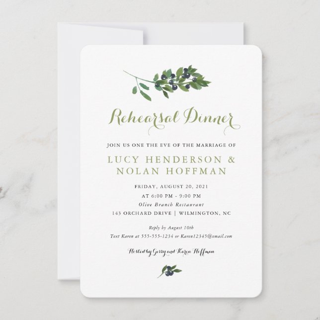 Invitación Orchard Olive de acuarela | Cena de ensayo (Anverso)