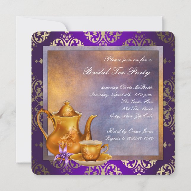Invitación Orchid Gold Purple Bridal Tea Party (Reverso)