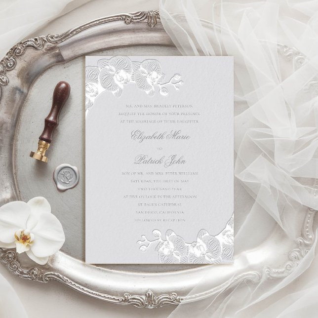 Invitación Orchid Heirloom Faux Ivory Classic Boda formal (orchid wedding invitation formal traditional classic parents ivory faux embossed art sketch elegant)