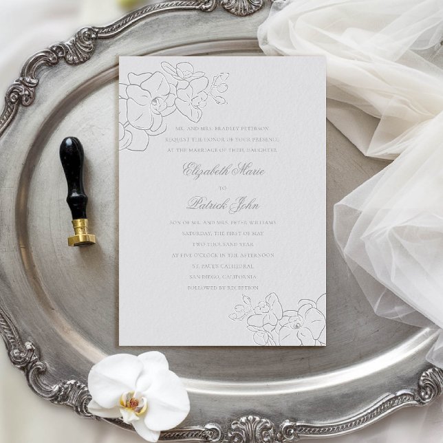 Invitación Orchid Heirloom Faux Silver Boda formal clásico (orchid wedding invitation formal traditional classic parents ivory faux embossed art calligraphy)
