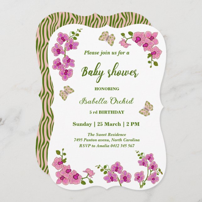 Invitación Orchids Tropical Butterfly Baby Shower (Anverso / Reverso)