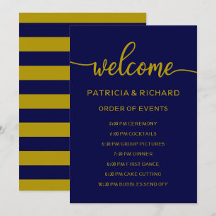 Invitación Orden de Eventos de Boda Dorado Azul Marino Calend