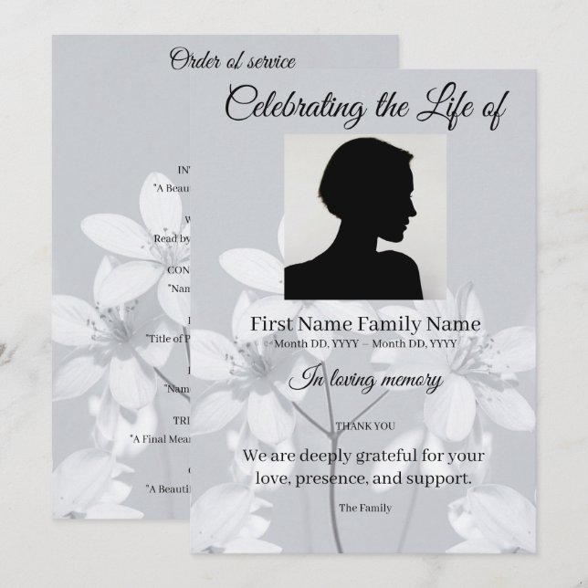 Invitación Orden de servicio de flor gris (Anverso / Reverso)