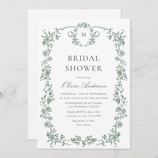 Invitación ÓRDENA Victoriana Grace Sage Green BRIDAL SHOWER (Anverso / Reverso)