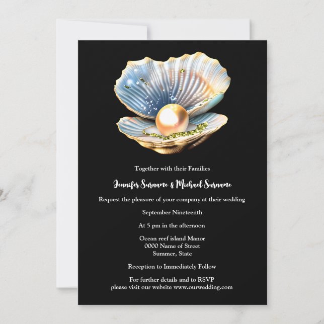 Invitación Oreja dorada negra concha de perla elegante playa  (Anverso)