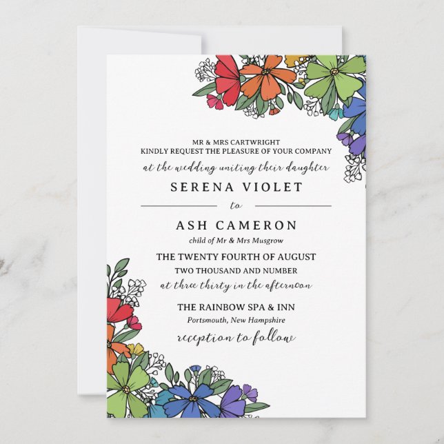 Invitación Orgullo arcoiris florece Boda formal LGBT (Anverso)