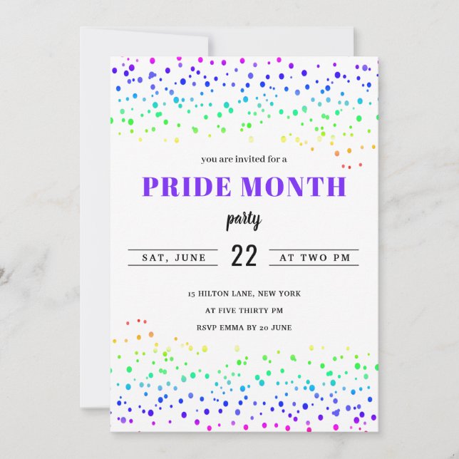 Invitación orgullo arcoiris mes desfile gay confetti moderno (Anverso)