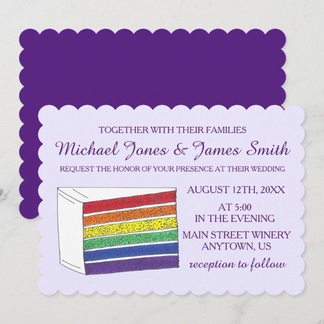 Invitación Orgullo gay LGBT Boda de pastel con capa de arcoir (Anverso / Reverso)