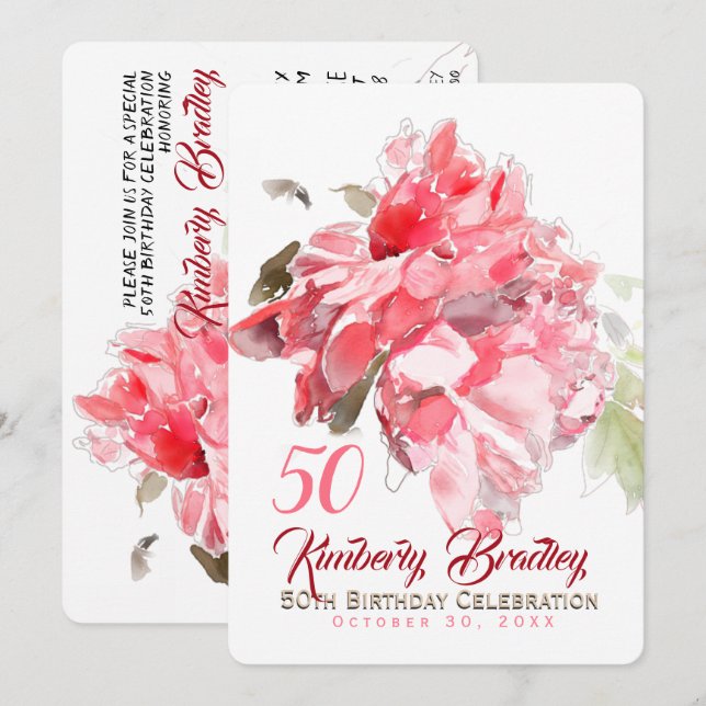 Invitación Original Peony acuarela 50 cumpleaños fiesta Inv (Anverso / Reverso)