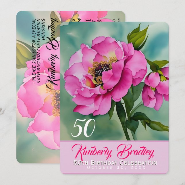 Invitación Original Peony F acuarelas Fiesta de cumpleaños nú (Anverso / Reverso)