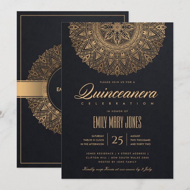 INVITACIÓN ORNADO CLÁSICO DE ORO NEGRO LUXE MANDALA QUINCEANE (Anverso / Reverso)