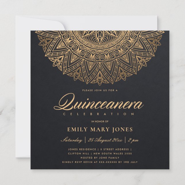 INVITACIÓN ORNADO CLÁSICO DE ORO NEGRO LUXE MANDALA QUINCEANE (Anverso)