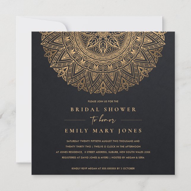 INVITACIÓN ORNADO CLÁSICO DE ORO NEGRO MANDALA BRIDAL DUCHA (Anverso)