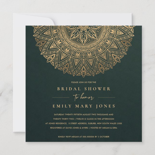 INVITACIÓN ORNADO CLÁSICO DE ORO VERDE MANDALA BRIDAL DUCHA (Anverso)