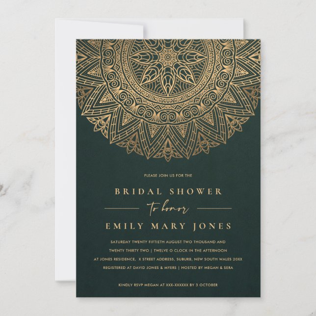 INVITACIÓN ORNADO CLÁSICO DE ORO VERDE MANDALA BRIDAL DUCHA (Anverso)