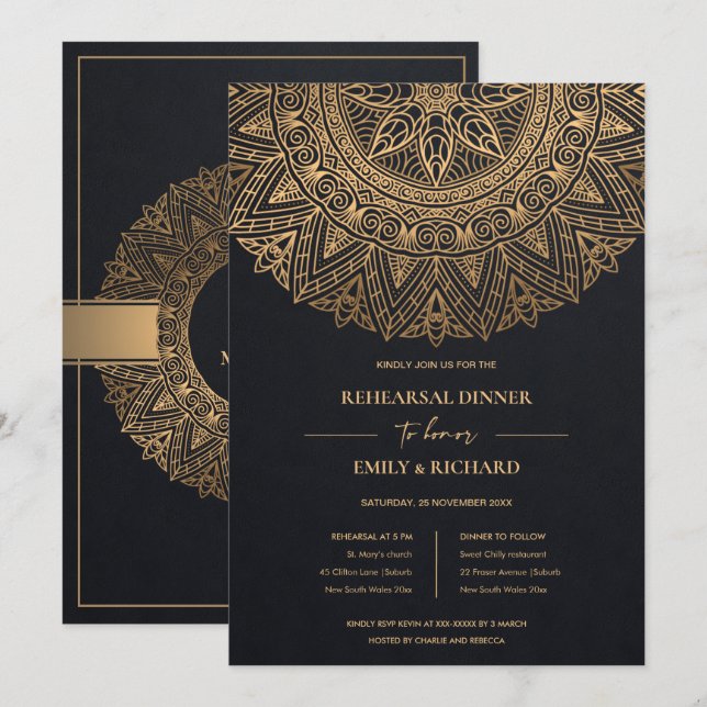 INVITACIÓN ORNADO DE ORO NEGRO CLÁSICO MANDALA REHEARSAL CENA (Anverso / Reverso)
