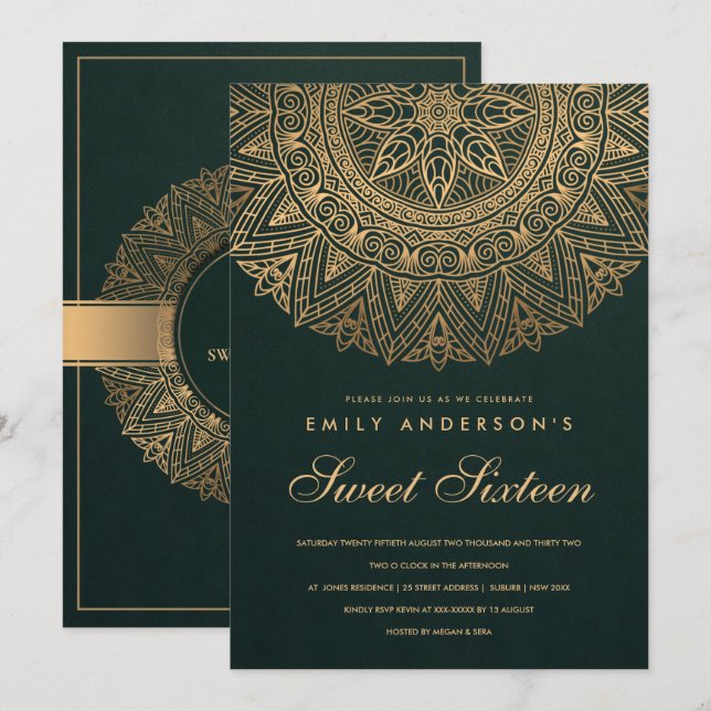 INVITACIÓN ORNADO DE ORO VERDE MANDALA DULCE DIEZ CUMPLEAÑOS (Anverso / Reverso)