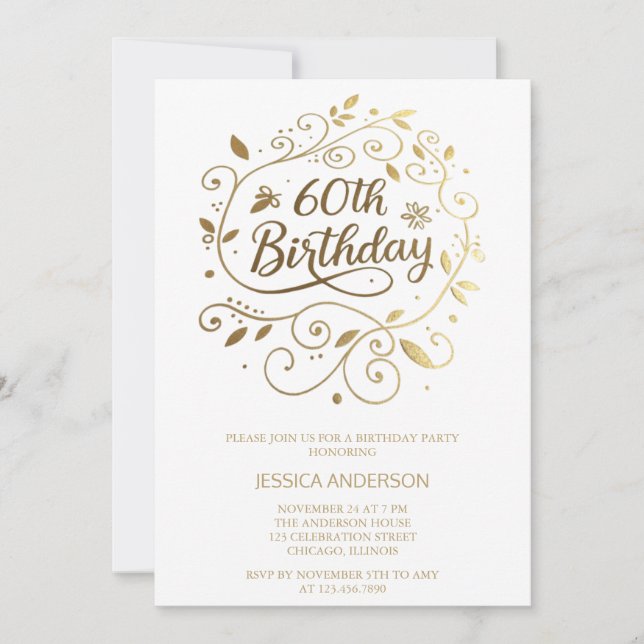 Invitación Ornamental Gold Calligraphy 60th Birthday Party (Anverso)