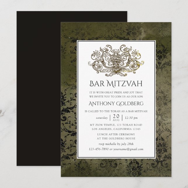 Invitación Ornamental Vintage Damask Bar Mitzvah (Anverso / Reverso)
