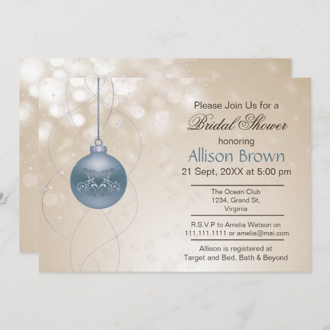 Invitación ornamento azul dorado Snowflakes Winter Bridal Sho (Anverso / Reverso)
