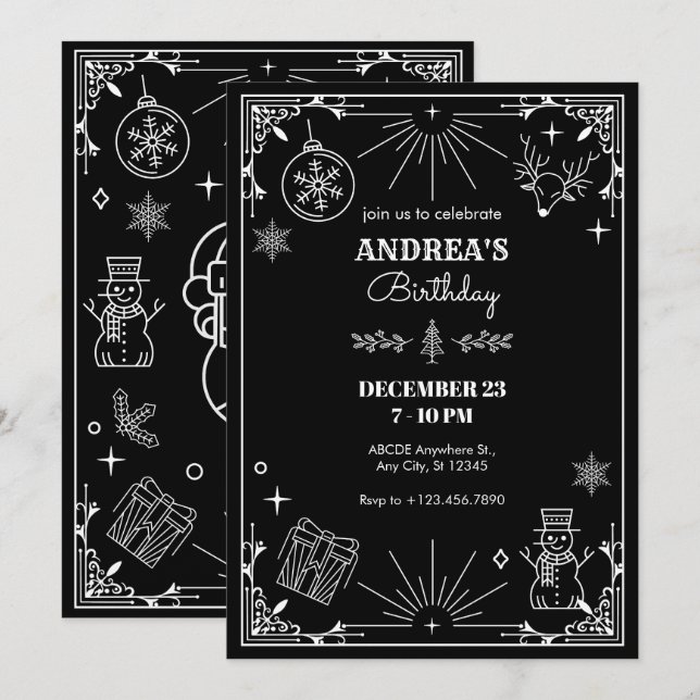 Invitación Ornamento de navidad de arte negro (Anverso / Reverso)