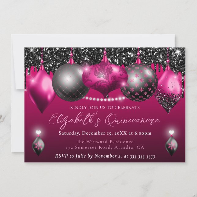 Invitación Ornamento de Navidad rosa y negro Quinceanera (Anverso)