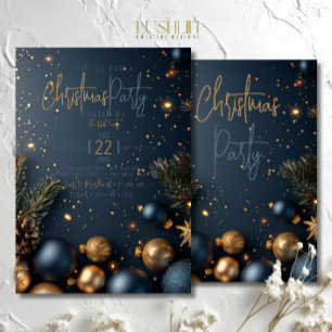 Invitación Ornamento dorado azul con Navidades de vacaciones