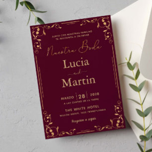 Invitación Ornamento dorado Esquina Rojo Español Nuestra Boda