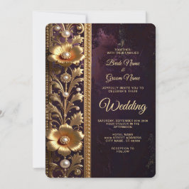 Invitación Ornamento Floral Dorado con Perlas Boda