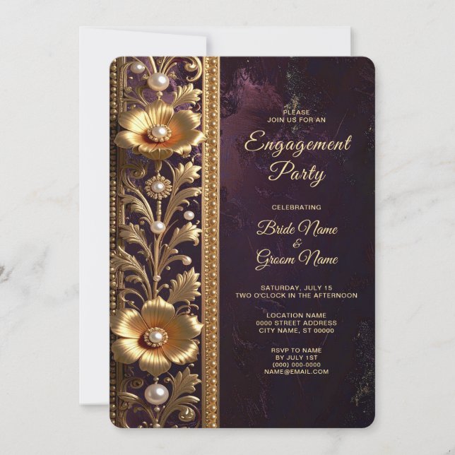 Invitación Ornamento Floral Dorado con Perlas de Compromiso (Anverso)
