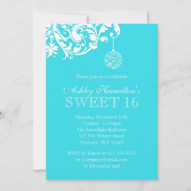 Invitación Ornamento Verde azulado dulce 16 invierno de Swirl (Anverso)