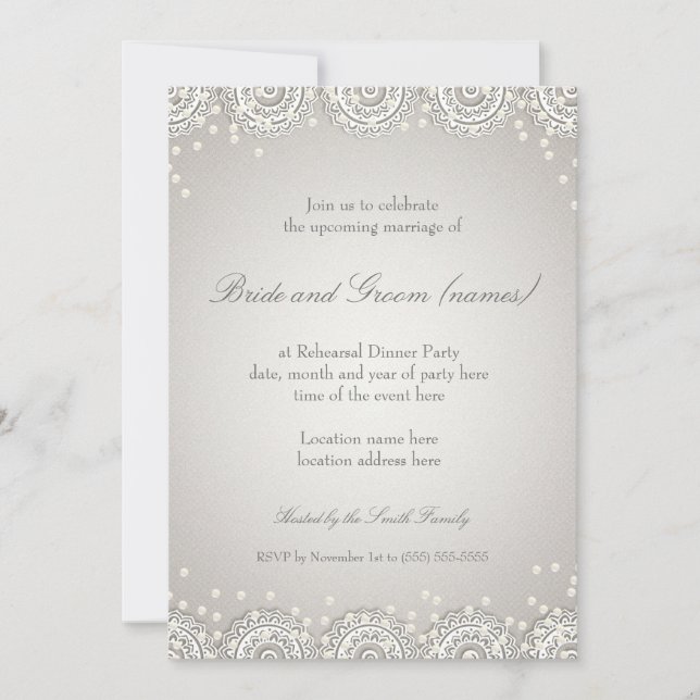 Invitación Ornamento y Perlas | Cena de ensayo Boda (Anverso)