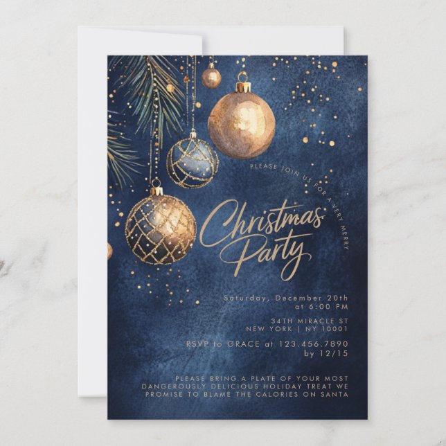 Invitación Ornamentos azules de la marina de oro Baubles Navi (Anverso)