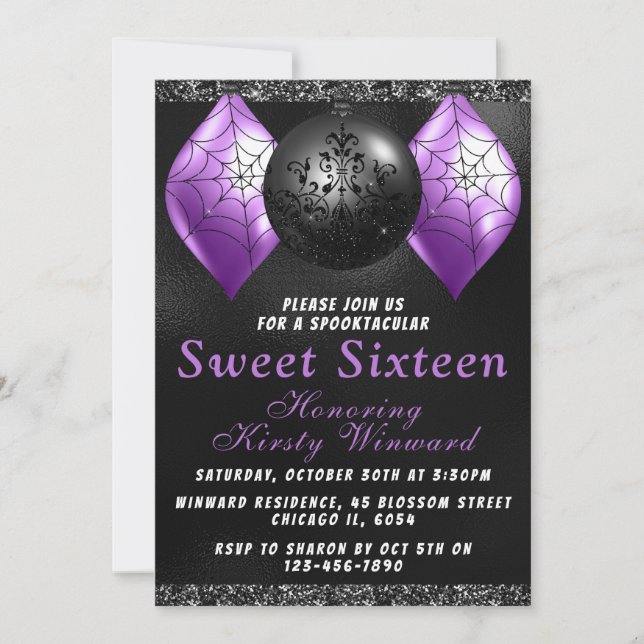 Invitación Ornamentos Black Purple Halloween Dulce 16 (Anverso)
