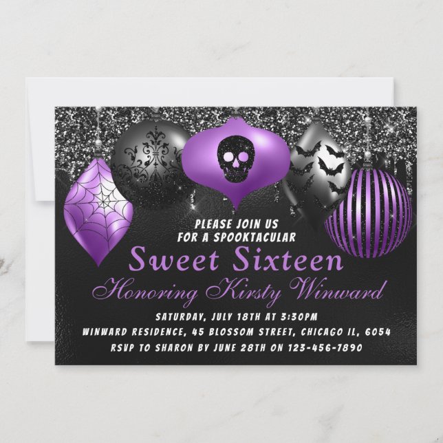 Invitación Ornamentos Black Purple Halloween Dulce 16 (Anverso)